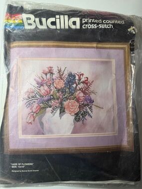 Bucilla Pink, Purple and Blue Bouquet Cross-Stitch Kit Vase of flowers